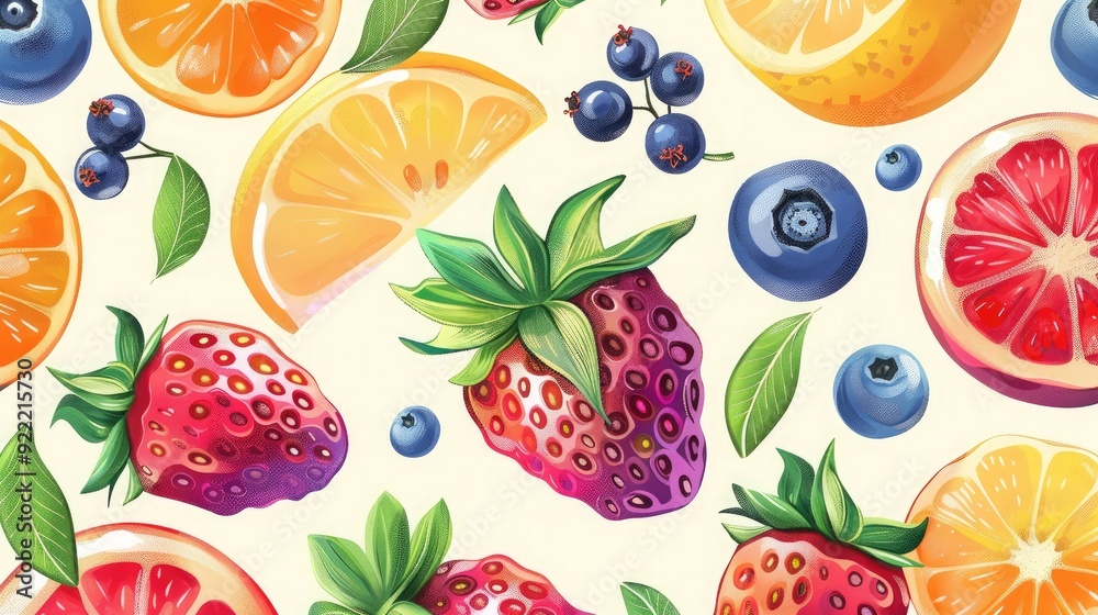 Fresh and exotic seamless pattern featuring mixed fruits and berries.