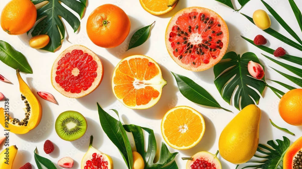 Fresh and bright seamless pattern of assorted fruits and leaves. Fresh and bright seamless pattern of assorted fruits and leaves.