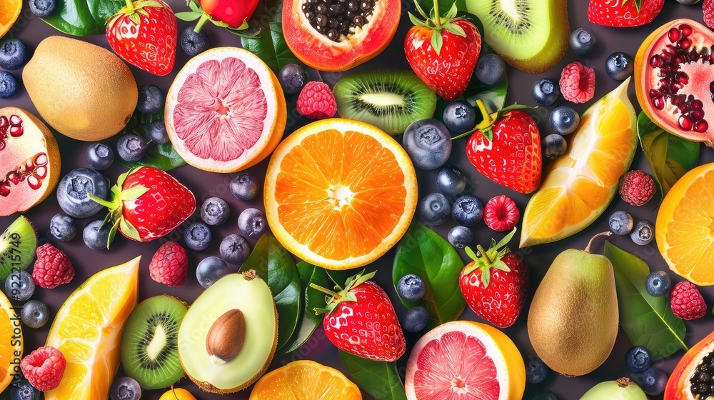 Fresh and exotic seamless pattern featuring mixed fruits and berries. Fresh and exotic seamless pattern featuring mixed fruits and berries.