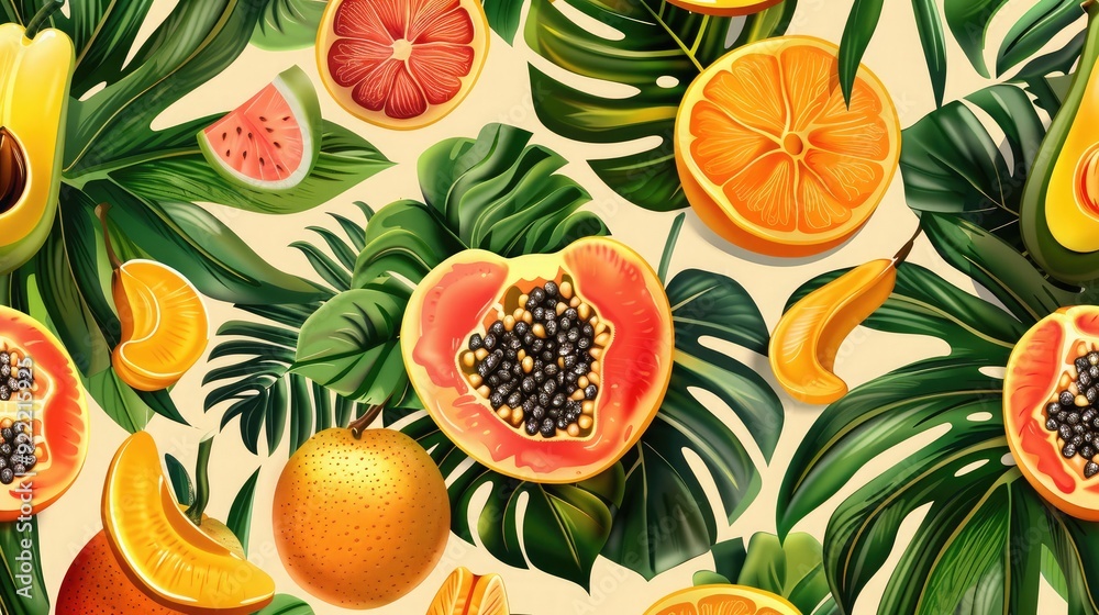 Fresh and exotic seamless pattern of tropical fruits and leaves. Fresh and exotic seamless pattern of tropical fruits and leaves.