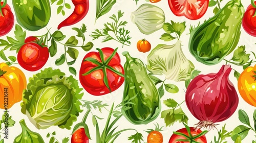Fresh and healthy seamless pattern of mixed vegetables and herbs.