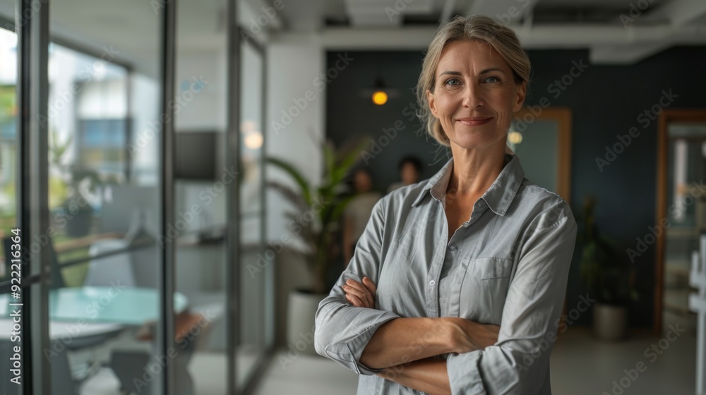 Confident businesswoman with crossed arms smiling in modern office, facing camera, embodying success in professional attire with sleek hairstyle. Confident businesswoman with crossed arms smiling in modern office, facing camera, embodying success in professional attire with sleek hairstyle.