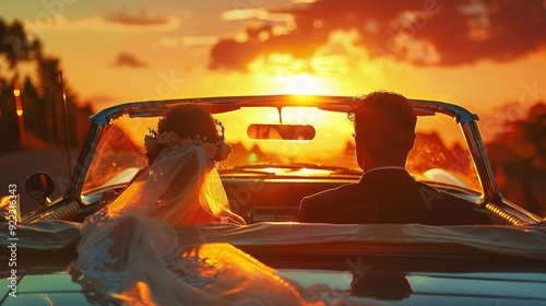 Wallpaper Mural Bride and groom driving to the sunset in a convertible car, generative ai Torontodigital.ca