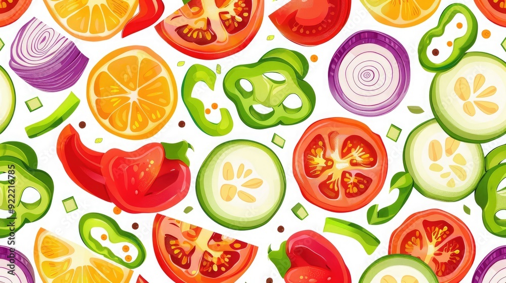 Fun and colorful seamless pattern of different vegetable slices. Fun and colorful seamless pattern of different vegetable slices.