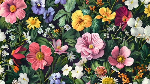 Fresh seamless pattern of spring flowers in bloom.