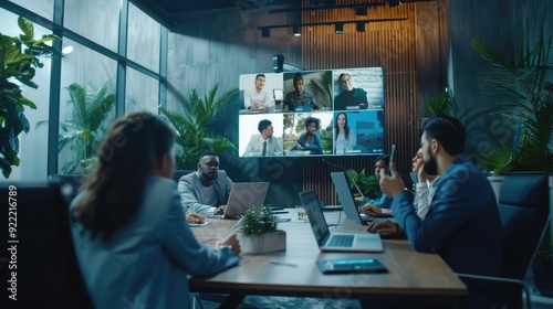 Wallpaper Mural Businesspeople do Video Conference Call with Big Wall TV in Office Meeting Room. Diverse Team of Creative Entrepreneurs at Big Table have Discussion. Specialists work in Digital e-Commerce Startup Torontodigital.ca