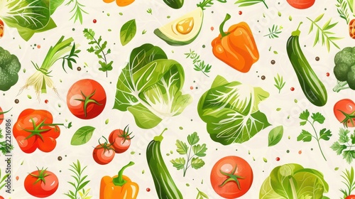 Garden-fresh seamless pattern with assorted vegetables and herbs.