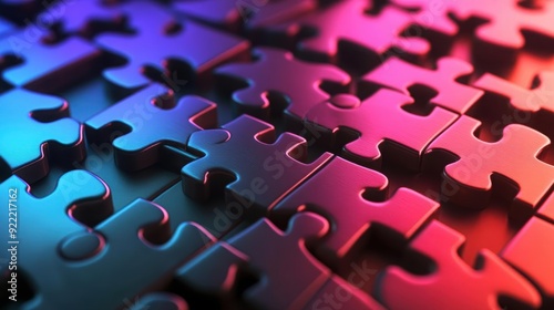 An artistic close-up of colorful puzzle pieces, showcasing vibrant textures and lighting in a dynamic arrangement.