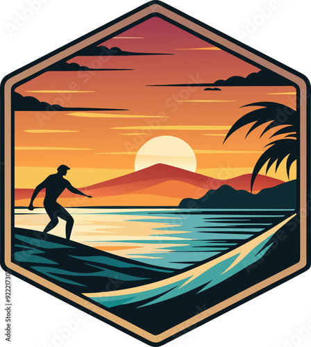 surfer on the beach T-shirt artwork white background minimal sunset design
