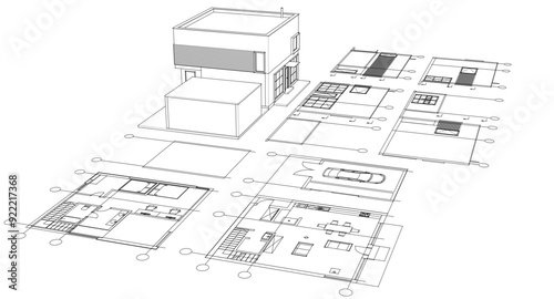 house architectural project sketch 3d illustration	
