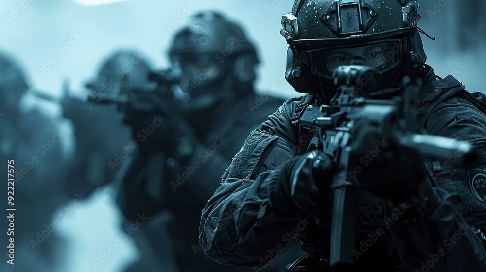 A dramatic action scene of a tactical team using a variety of firearms in a coordinated exercise, with a focus on the equipment and teamwork involved