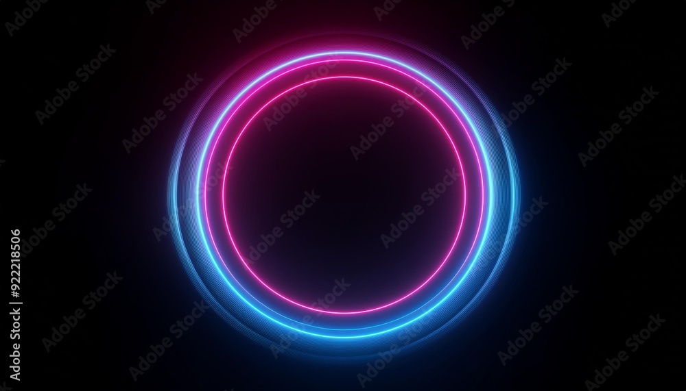 Round circle picture frame with blue tone neon color shade motion graphic on isolated black background. Blue and pink light moving for overlay element. 3D illustration rendering. Empty space in middle Round circle picture frame with blue tone neon color shade motion graphic on isolated black background. Blue and pink light moving for overlay element. 3D illustration rendering. Empty space in middle