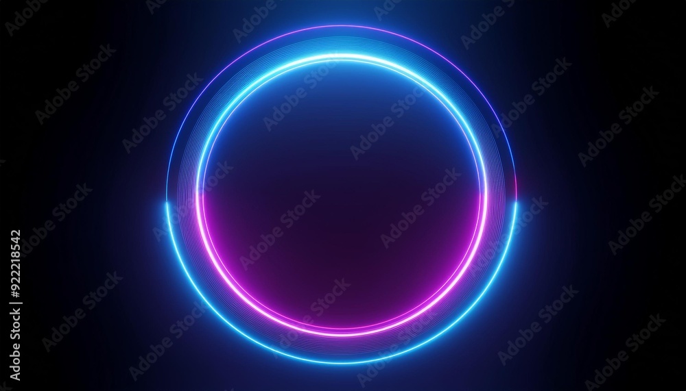 Round circle picture frame with blue tone neon color shade motion graphic on isolated black background. Blue and pink light moving for overlay element. 3D illustration rendering. Empty space in middle