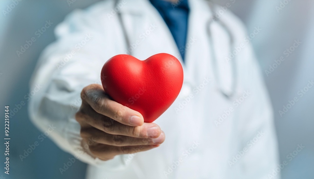 Close up hand giving red heart as heart donor. Valentine day of love concept. Medical ventilator and heart donator charity. Sign of compassion and healthy. Helping doctor hand in freedom life donation