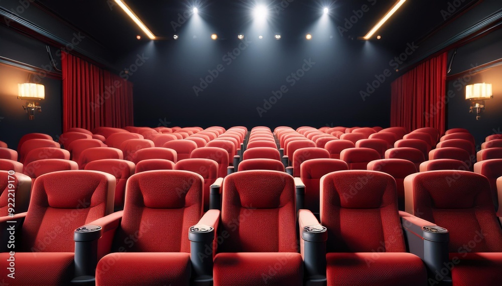 Rows of red velvet seats watching movies in the cinema with copy space banner background. Entertainment and Theater concept. 3D illustration rendering Rows of red velvet seats watching movies in the cinema with copy space banner background. Entertainment and Theater concept. 3D illustration rendering