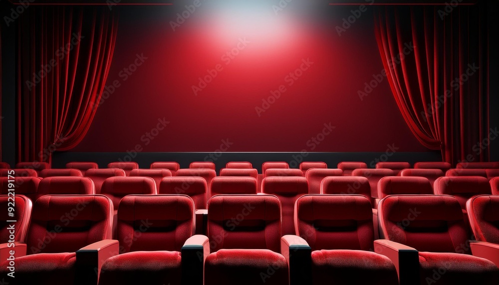 Fototapeta premium Rows of red velvet seats watching movies in the cinema with copy space banner background. Entertainment and Theater concept. 3D illustration rendering