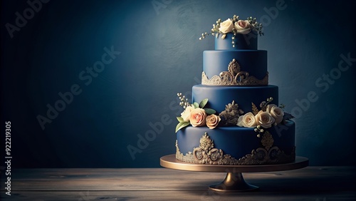 Elegant wedding cake in dark blue with intricate floral decorations , Wedding, cake, dark blue, flowers, floral, elegant