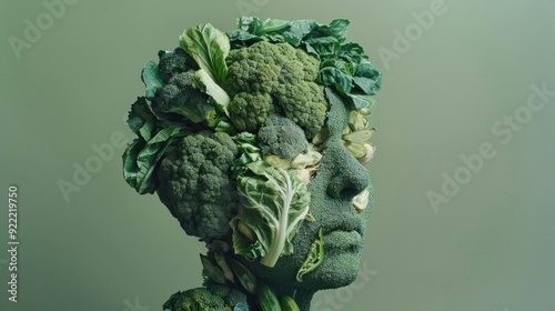 Wallpaper Mural Human face creatively covered with green vegetables, resembling a natural sculpture Background is a soft green gradient enhancing the organic theme Torontodigital.ca