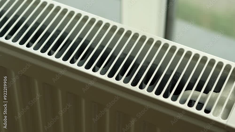 close up shot of heater with thermostat. Home with central heating close up shot of heater with thermostat. Home with central heating