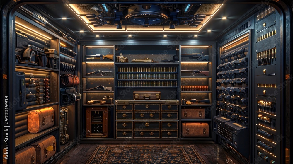A high-resolution image of a gun safe’s interior with multiple firearms and ammunition stored in an organized manner, showcasing the security and order A high-resolution image of a gun safe’s interior with multiple firearms and ammunition stored in an organized manner, showcasing the security and order