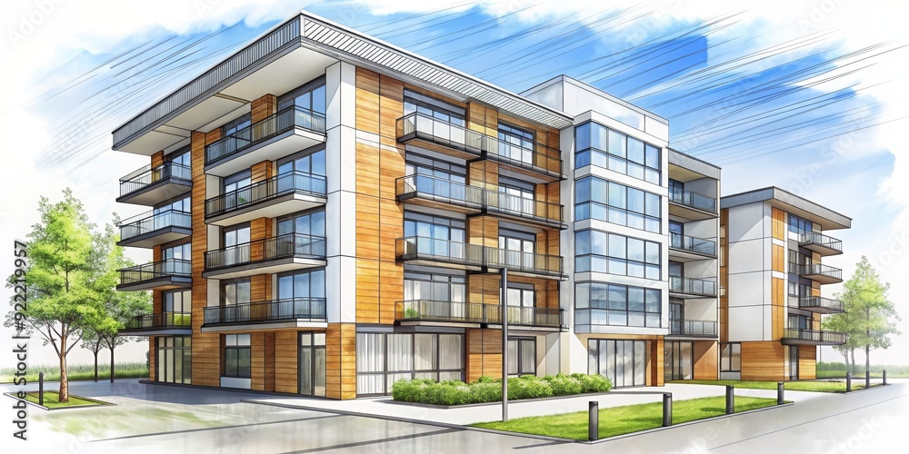 Architectural concept sketch of modern apartments, linear project, block of flats, apartments, urban Architectural concept sketch of modern apartments, linear project, block of flats, apartments, urban