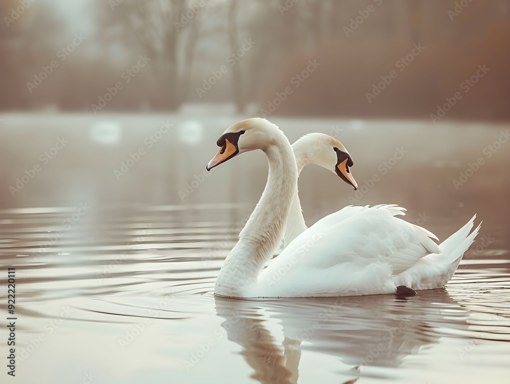 Fototapeta premium Two swans gracefully swimming in a tranquil lake during early morning fog