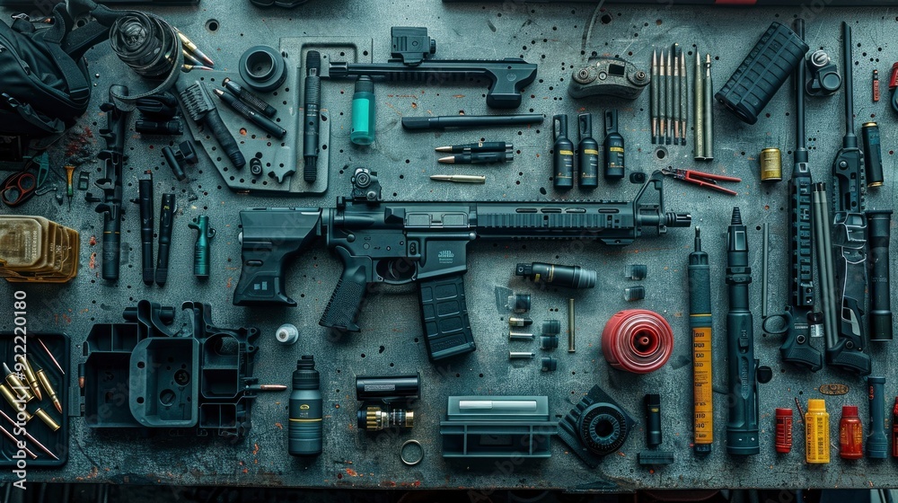 Fototapeta premium A detailed shot of a gun cleaning process with various tools and cleaning solutions laid out on a workbench, highlighting the maintenance required for firearm care