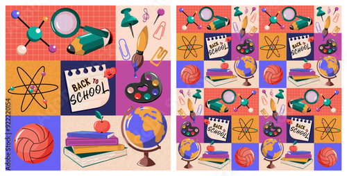 Seamless, geometric pattern Back to school, poster, cover, postcard. Concept of primary and secondary education. School subjects and accessories.