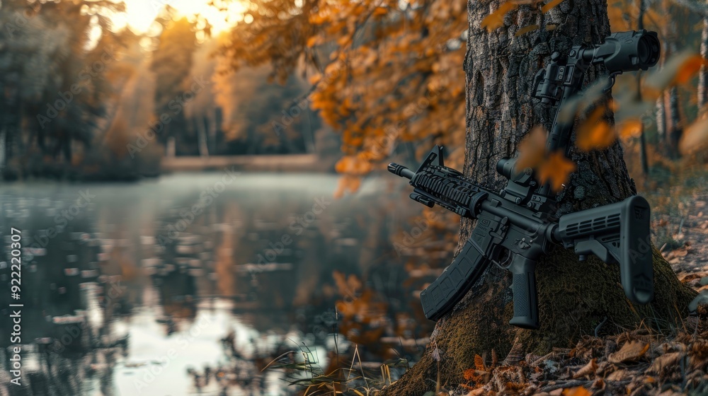 A serene image of a rifle propped up against a tree in a scenic outdoor setting, with a focus on the firearm’s rugged build and the peaceful environment A serene image of a rifle propped up against a tree in a scenic outdoor setting, with a focus on the firearm’s rugged build and the peaceful environment
