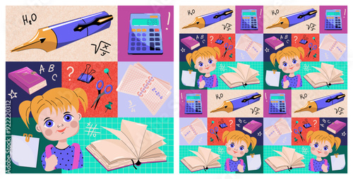 Seamless, geometric pattern Back to school, poster, cover, postcard. Concept of primary and secondary education. School supplies and accessories.