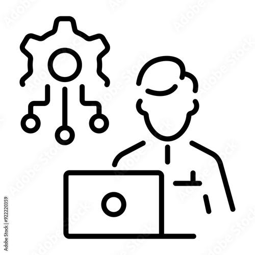 A line style icon of manager working on laptop 