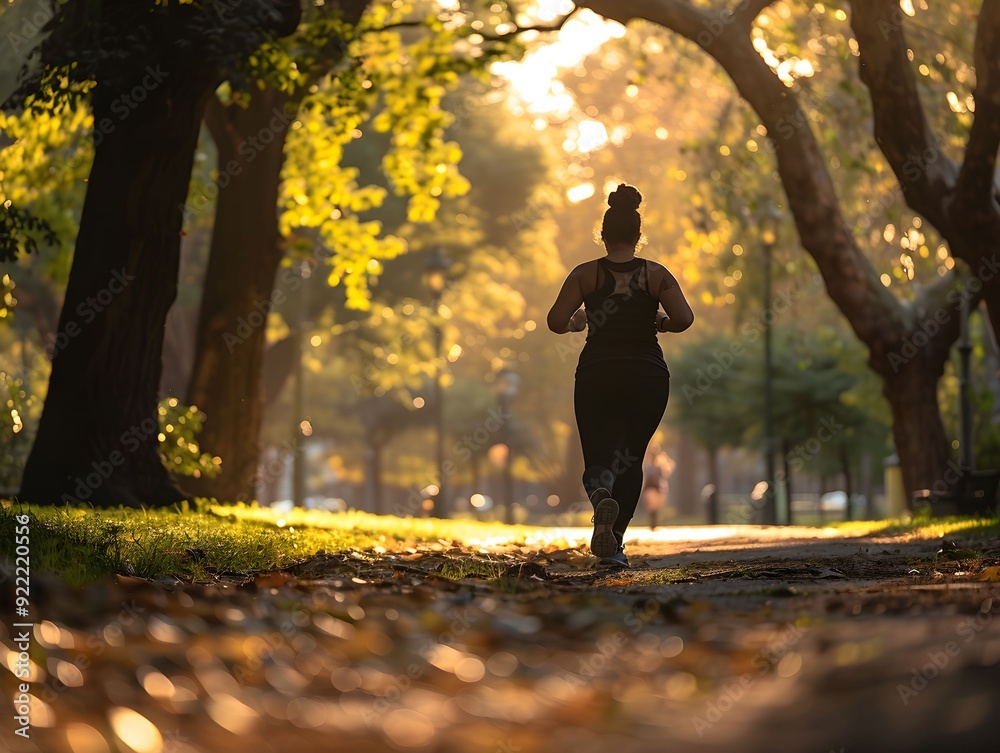 Woman jogging through a sunlit park path surrounded by autumn foliage in the early evening Woman jogging through a sunlit park path surrounded by autumn foliage in the early evening