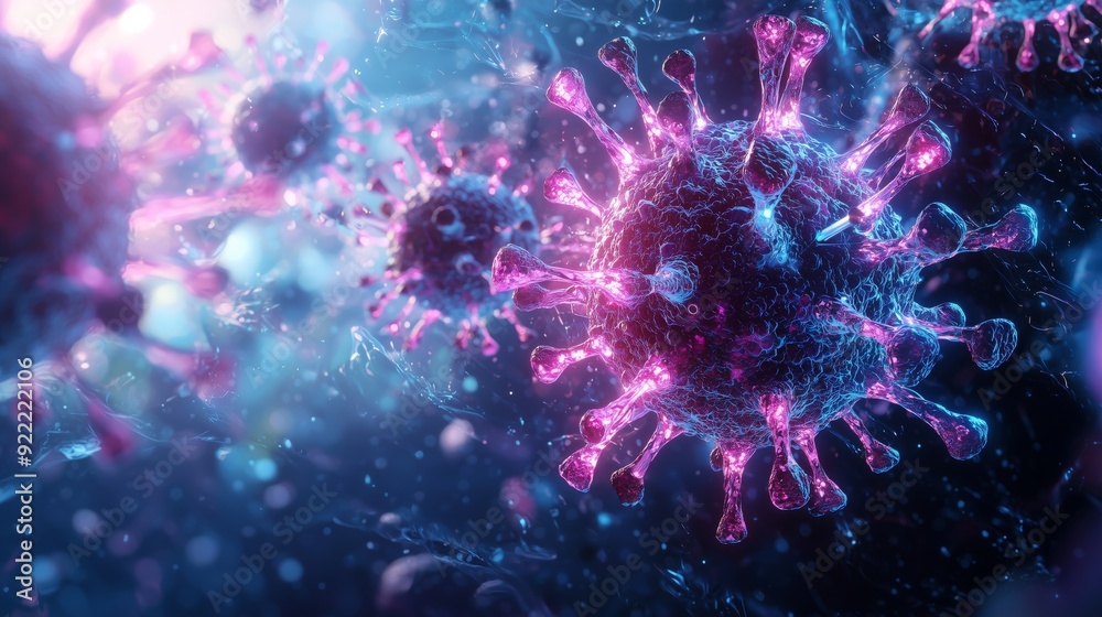 Virus Particle Illuminated in Blue and Pink. Virus Particle Illuminated in Blue and Pink.