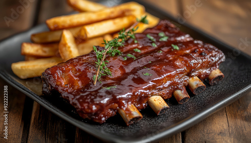 Smoked pork ribs with barbecue sauce and french fries