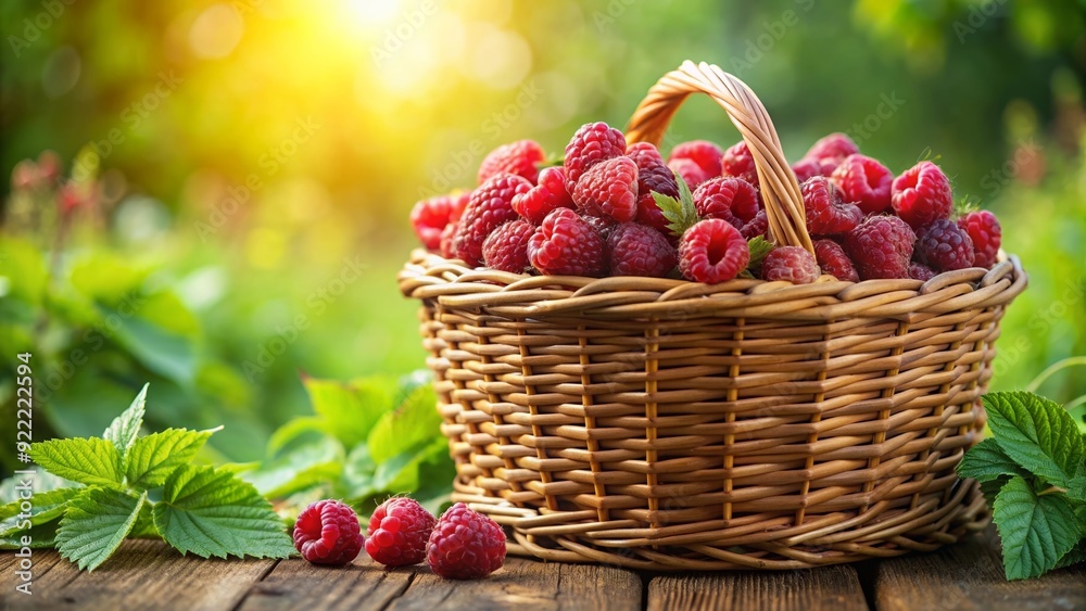 A wicker basket filled with fresh raspberries in a garden setting, raspberries, fresh, wicker basket, garden, fruit, summer
