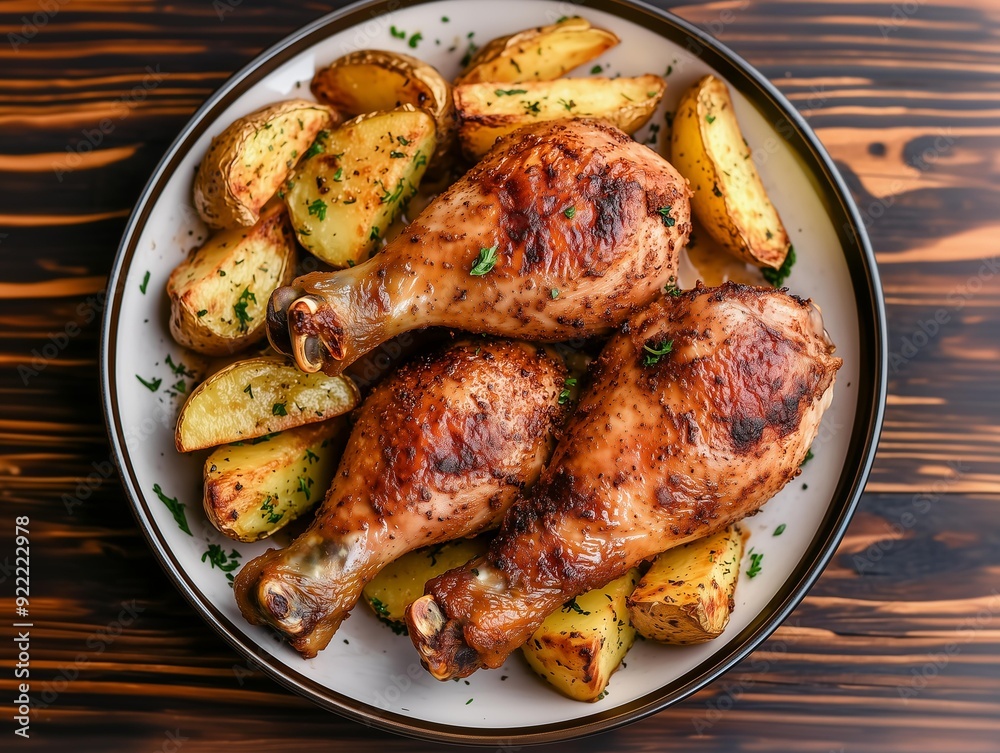 Photo of seasoned roast chicken drumsticks and wedge potatoes Photo of seasoned roast chicken drumsticks and wedge potatoes