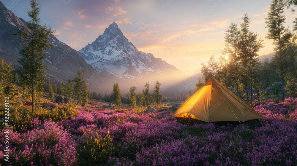 Obraz premium Tent set up in a meadow blooming with pink heather, with a towering mountain peak in the background at sunrise, creating a peaceful outdoor scene.