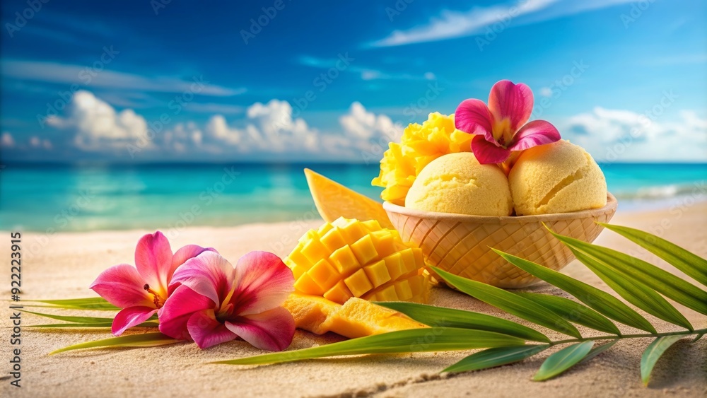Refreshing scoop of ice cream on a tropical beach with mango slices and vibrant flowers, ice cream, tropical beach Refreshing scoop of ice cream on a tropical beach with mango slices and vibrant flowers, ice cream, tropical beach