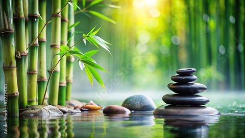 Stones, water, and bamboo elements in a serene spa setting with selective focus , spa, relaxation, zen, meditation