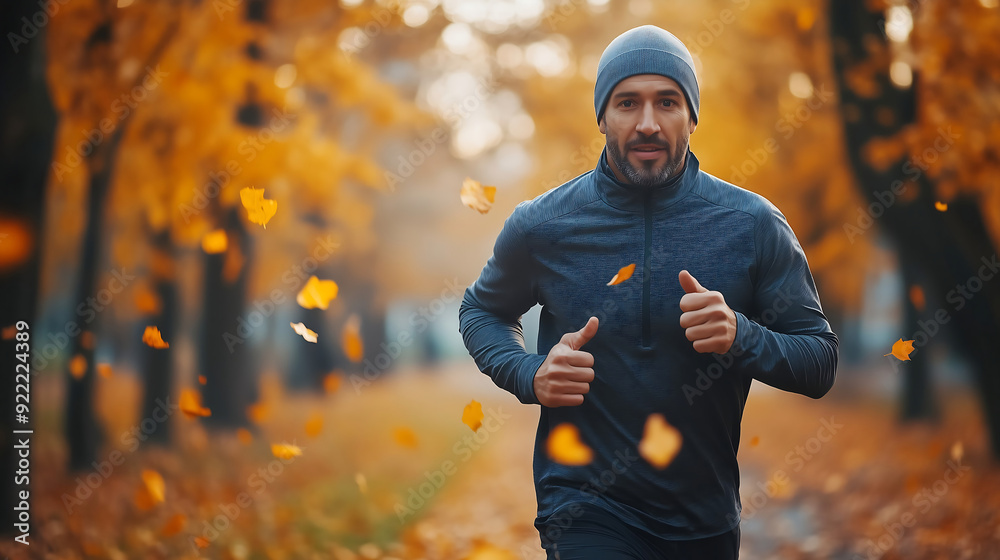 Obraz premium Man in athletic gear running through a park in the early morning cold of autumn, golden leaves falling around him