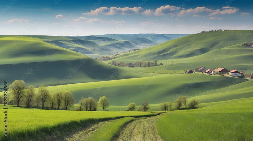 Fototapeta premium landscape with green hills and blue sky. Genrative.ai 