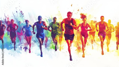 Marathon Running Colorful Illustration. Runners in Active Lifestyle, Sprints, Athlete, Running Event Poster Design, Run For Healthy Life Concept.