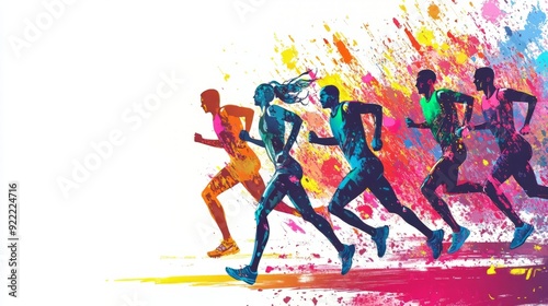 Marathon Running Colorful Illustration. Runners in Active Lifestyle, Sprints, Athlete, Running Event Poster Design, Run For Healthy Life Concept.