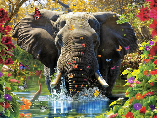 A colorful painting of an elephant in a river surrounded by butterflies. The mood of the painting is peaceful and serene photo