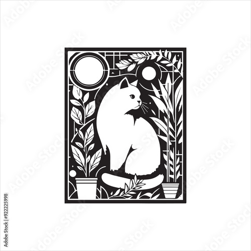 A cat and a plant in an illustrated frame  silhouette vector with white background
