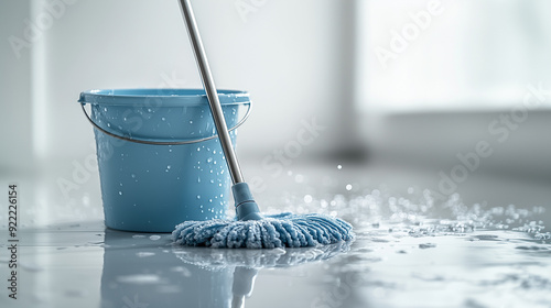 A washing bucket with sudsy water and a mop, both sitting in the middle of a clean white background.

