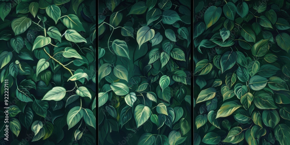 Set of 3 wall art panels with lush philodendron vines cascading downward, painting on a dark green background, close up, split into three on white background Set of 3 wall art panels with lush philodendron vines cascading downward, painting on a dark green background, close up, split into three on white background