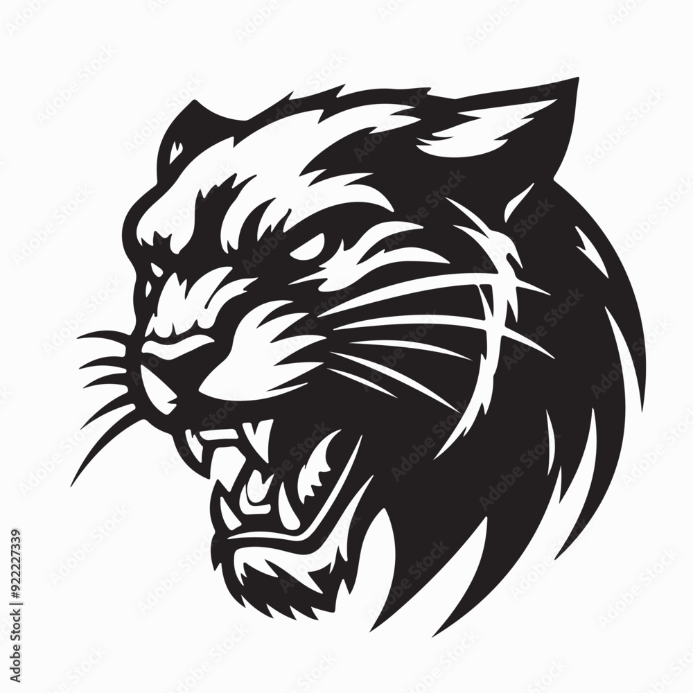 A fierce monochrome illustration of a panther's head, teeth bared in a primal scream. A fierce monochrome illustration of a panther's head, teeth bared in a primal scream.