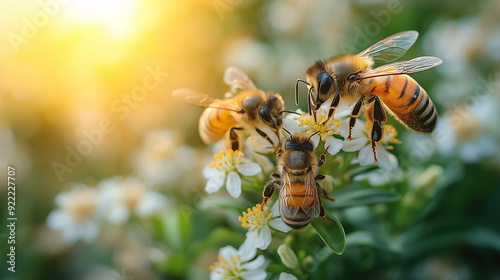 A family of little bees are swarming around flowers with a copy space.