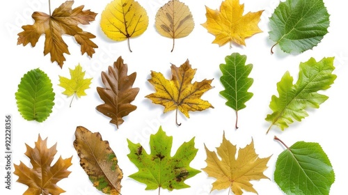 A vibrant collection of autumn leaves in various colors against a white background, showcasing the beauty of the fall season